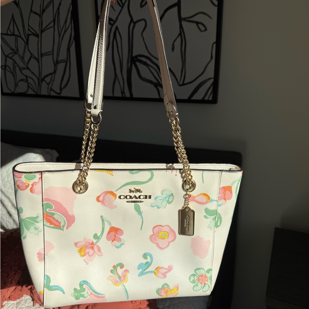Coach White Floral Tote with Gold Accents